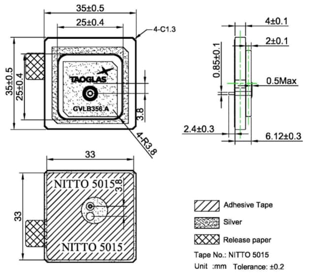 Mechanical Drawing - Taoglas GVLB356.A Patch Antenna